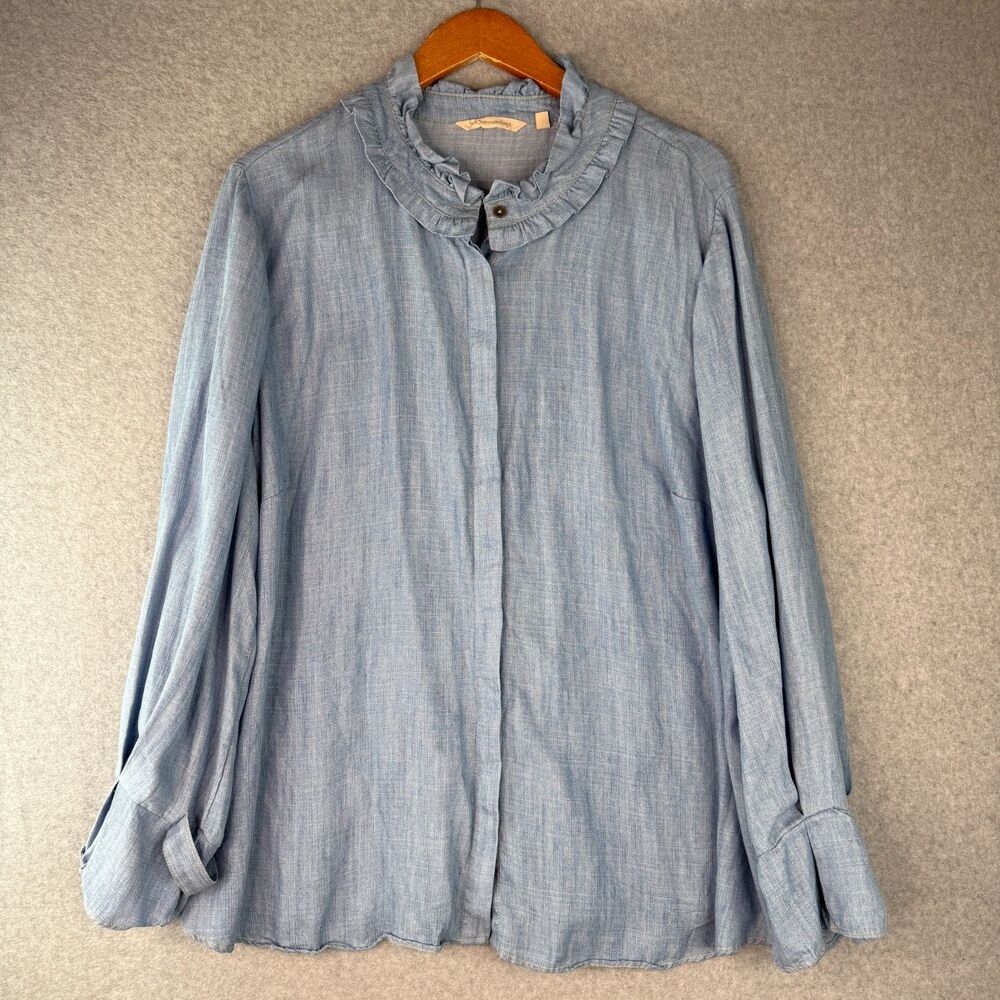 Soft Surrounding Ruffled Collar Chambray Long Sleeve Tunic Boho Blouse Size 2x